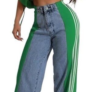 Striped High Waisted Jeans for Women Color Block Floor Length Wide Leg Denim